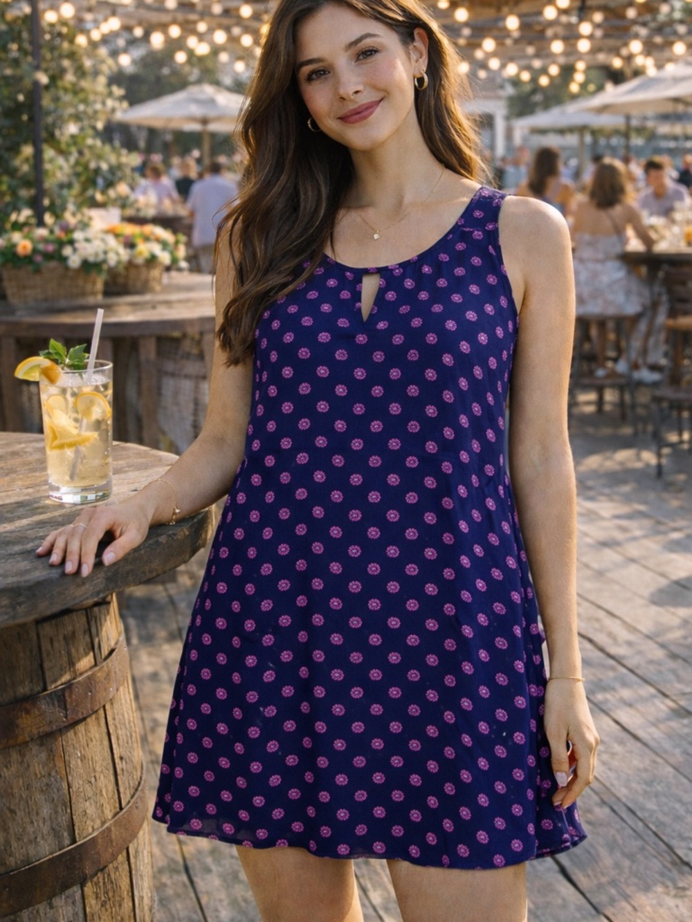 Old Navy Navy Dress with Pink Dot Floral Print